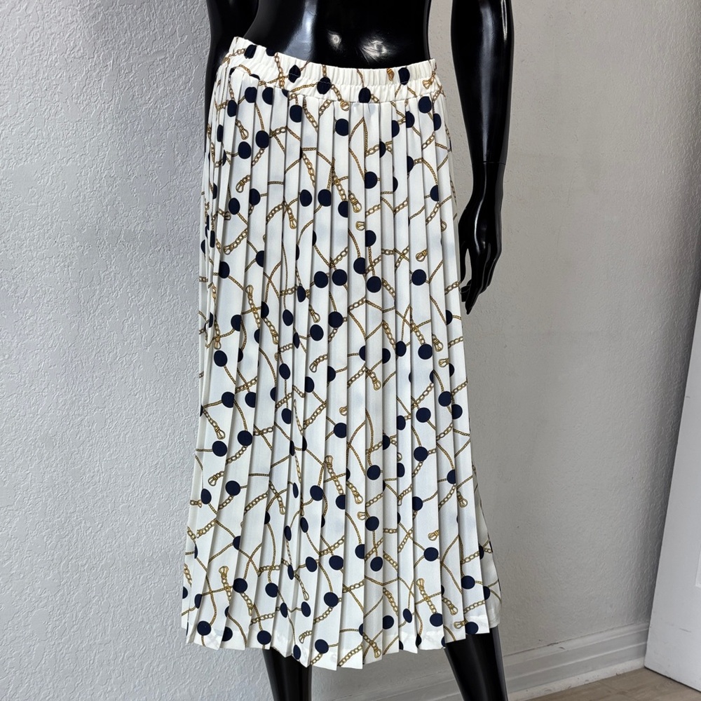 VTG 90s Leslie Fay White and Navy Pleated Polka Dot and Chain Print Midi Skirt